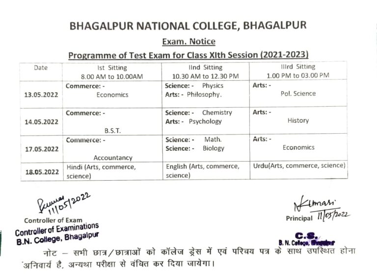 Schedule of Test Exam For Class XIth Session (2021-2023) – B N College, Bhagalpur